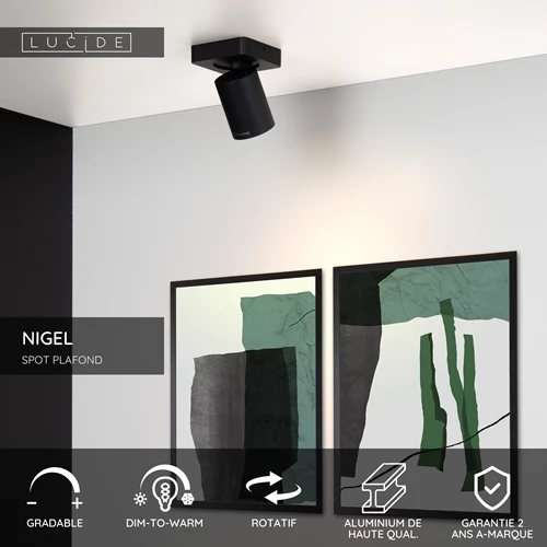 Lucide NIGEL - Spot plafond - LED Dim to warm - GU10 - 1x5W 2200K/3000K - Noir - USP